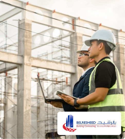 Construction work in progress with building structure and workers
