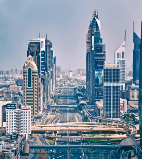 Dubai skyline with modern skyscrapers and urban infrastructure