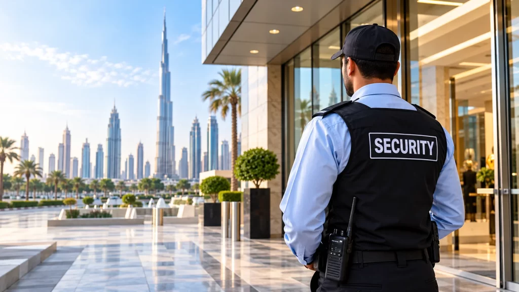 Security guard providing security services at a Dubai commercial building