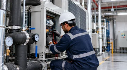 Technician inspecting electrical controls during building maintenance in a mechanical plant room